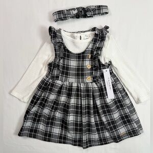 NWT TAHARI Baby Girls’ Plaid 3 Pc.‎ Set One Piece, Pinafore Dress & Headband 12M